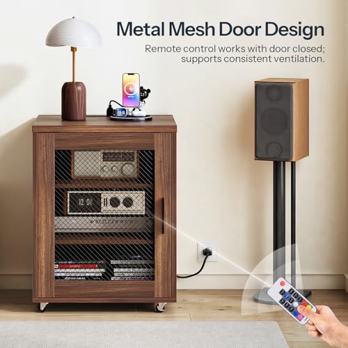 Media Cabinet with Charging Station, Stereo Cabinet with Wheels, Audio-Video Media Stand with Adjustable Shelves and Mesh Door, AV Rack for Living Room, Home Theater, Walnut MBZ23UHT