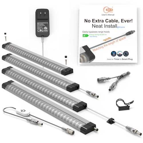 EBD Under Cabinet Lighting Plug in 4 Pcs 12 Inch, Dimmable No Messy Wires Built-in Adjustable Cable LED Light Bar 6500K 1800LM for Kitchen Home Office, Memory for Smart Plug, 1 Pcs Extension Cables - size: 4-Pack 1 Cable