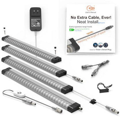 EBD Under Cabinet Lighting Plug in 4 Pcs 12 Inch, Dimmable No Messy Wires Built-in Adjustable Cable LED Light Bar 6500K 1800LM for Kitchen Home Office, Memory for Smart Plug, 1 Pcs Extension Cables - size: 4-Pack 1 Cable