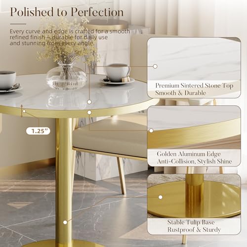 31.5" Circle Tulip Table with Sintered Stone Tabletop, Gold Edge & Pedestal | Modern Round Dining Table, Leisure Bistro Table for Kitchen, Small Places, Living Room, Cafe, Restaurant (Snow Peak Marble) - color: Snow Peak Marble (Golden Edge), size: Round