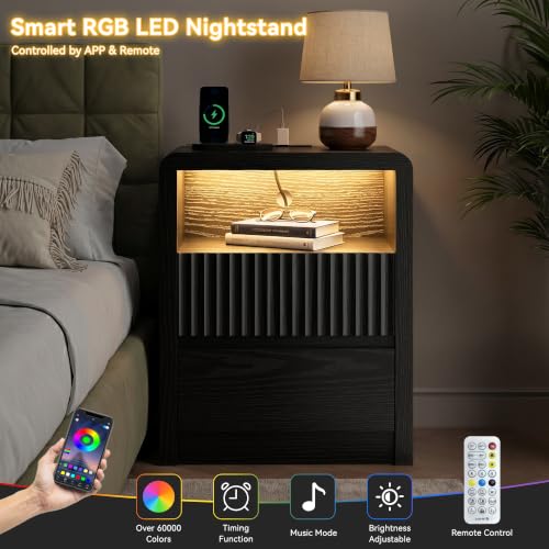 LYNSOM Fluted LED Nightstand Set of 2, Charging Station & 2 Drawers, Black | Mid Century Modern Night Stand with Stoarge, Wood Bedside End Table with Curved Edge for Bedroom, Living Room, Office, 20" W - color: Black, size: 2 Drawers