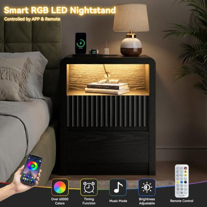LYNSOM Fluted LED Nightstand Set of 2, Charging Station & 2 Drawers, Black | Mid Century Modern Night Stand with Stoarge, Wood Bedside End Table with Curved Edge for Bedroom, Living Room, Office, 20" W - color: Black, size: 2 Drawers