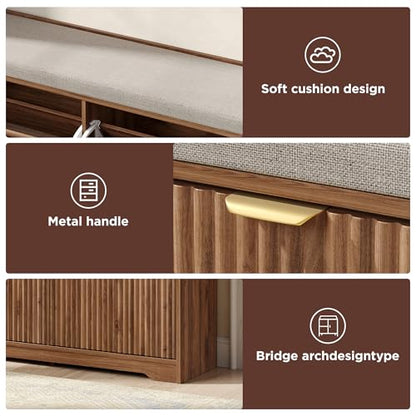Maupvit 39.4" Fluted Shoe Bench with Storage, Narrow Entryway Bench, Walnut | with Removable Seat Cushion & 2 Flip-Drawers, Shoe Cabinet Bench, Boho Hidden Shoe Rack for Entrance, Hallway, Living Room - color: Walnut
