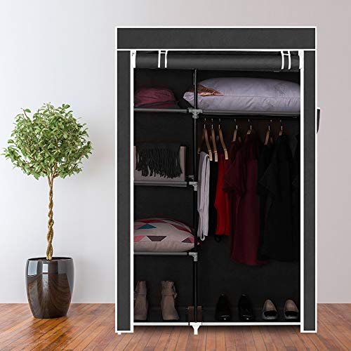 Closet Wardrobe Organizer, Portable Bedroom Clothes Storage Closet Shelf Dustproof Fabric Wardrobe Rack in Black - color: Black