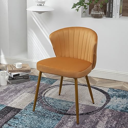 GDFStudio 31" Modern Velvet Accent Chair, Comfy Lounge Chair, Upholstered Side Chair with Channel Tufted Back, Gold Metal Legs, Armless Reading Chair for Living Room Bedroom Small Spaces, Brick Yellow - color: Brick Yellow + Polyester