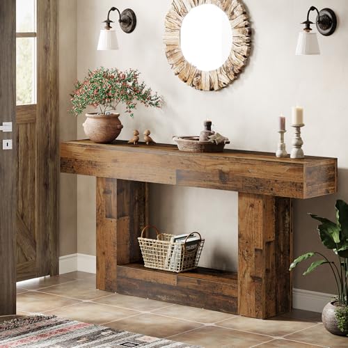 Tribesigns 63" Console Table, Farmhouse 2-Tier Entryway Table with U-Shaped Base, Narrow Long Wood Sofa Table Behind Couch Table for Living Room, Hallway, Foyer, Mix Brown - color: Mix Brown