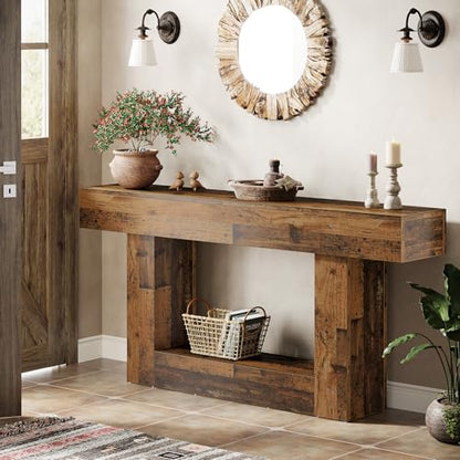 Tribesigns 63" Console Table, Farmhouse 2-Tier Entryway Table with U-Shaped Base, Narrow Long Wood Sofa Table Behind Couch Table for Living Room, Hallway, Foyer, Mix Brown - color: Mix Brown