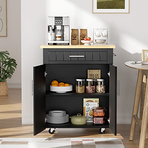 JY QAQA 26" Kitchen Island on Wheels with Storage Cabinet Kitchen Cart Cabinet with Shelves, Cart Handle for Towel Rack or Free Mobility, Portable Islands for Kitchen,Black