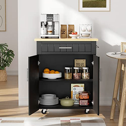 JY QAQA 26" Kitchen Island on Wheels with Storage Cabinet Kitchen Cart Cabinet with Shelves, Cart Handle for Towel Rack or Free Mobility, Portable Islands for Kitchen,Black