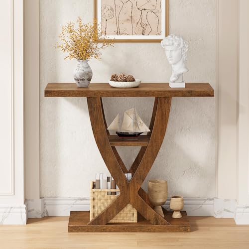 FAVOOSTY Entryway Table, 3 Tier Hallway Table, Console Tables for Living Room, Narrow Entrance Table with Storage, Sofa Table Behind Counch, Accent Table for Entry Foyer, Rustic Brown - color: Brown