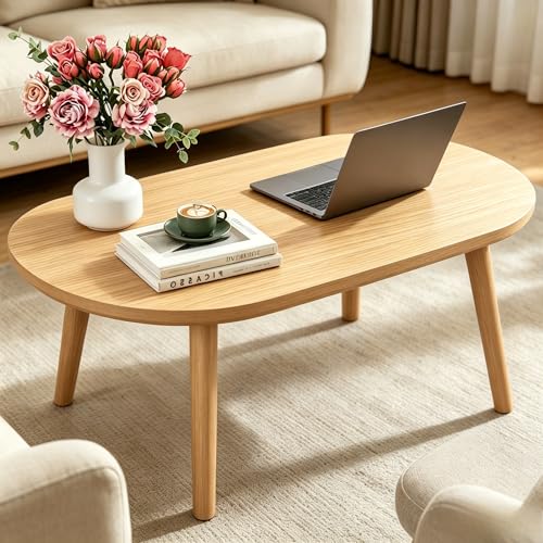 Coffee Table, 31.5" Oval Low Coffee Tables with Solid Wood Legs Large Brown | Floor Table Desk for Sitting on The Floor, Easy Assembly Small Space Coffee Tables for Living Room, Apartment, Office - color: 31.5"l Oval Natural