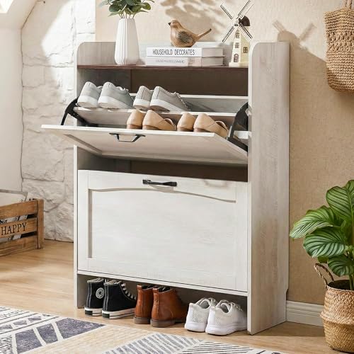 31.4“W Slim Shoe Storage Cabinet with 2 Flip Drawers and Adjustable Shelves | Narrow Shoe Cabinet Storage for Entryway, Farmhouse Hidden Shoe Storage for Hallway, Warm Gray-white