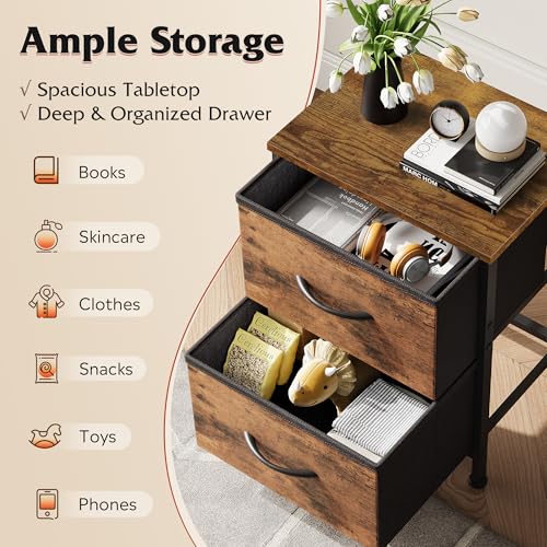 WLIVE Night Stand, Small Dresser with 2 Drawers & Wooden Top, Nightstand with Fabric Bins, Bedside Table End Table for Bedroom, Closet, Entryway, College Dorm, Rustic Brown | Nightstand with Fabric Bins, Bedside Table End Table for Bedroom, Kids Room - co