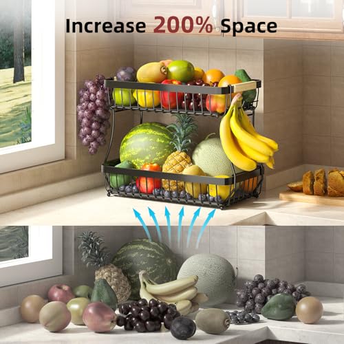 2-Tier Fruit Basket with Banana Hangers, Detachable Metal Bowl | Wooden handle, protective mats included. Versatile holder for bread, snacks, and veggies. Extra Large 2 tier metal design. - color: Black, size: 2 Tier Extra Large