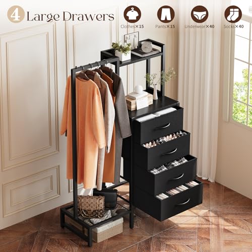 Yoobure Black Dresser with Hanging Rack - Small Closet with 4 Fabric Storage Drawers, 44" H Dresser with Clothes Rack, Chest of Drawer, Kids Dressers for Bedroom, Dorm, Living Room, Sturdy Frame - color: Black
