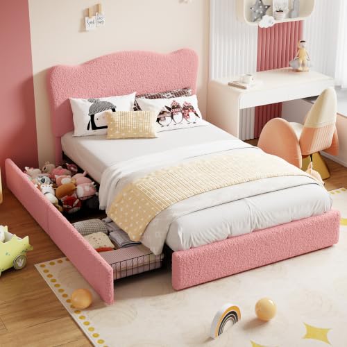 Garvee Upholstered Full Size Bed Frame for Kids with 2 Drawers, Velvet Twin Bed for Girls, Boys, Sturdy Platform Bed, No Box Spring Needed, Noise Free, Pink | Velvet Twin Bed for Girls, Boys, Sturdy Platform Bed, No Box Spring Needed, Noise Free - color: