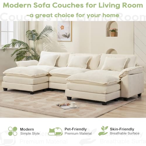 120" Modular Sectional Sofa, Comfy Deep Cloud Couch with Ottoman | U-Shaped Couches for Living Room, Modular Couch, Deep and Wide Seat, Chenille Sofa Sleeper with Throw Pillows, Beige White - color: Beige White, size: 120 Inch U