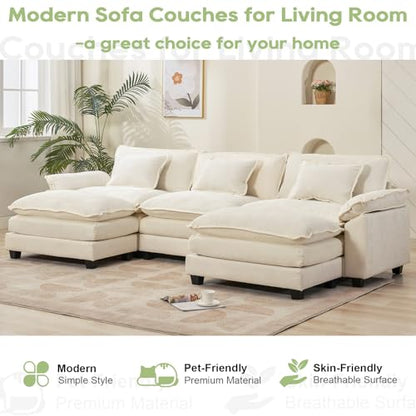 120" Modular Sectional Sofa, Comfy Deep Cloud Couch with Ottoman | U-Shaped Couches for Living Room, Modular Couch, Deep and Wide Seat, Chenille Sofa Sleeper with Throw Pillows, Beige White - color: Beige White, size: 120 Inch U