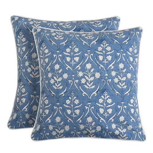 Block Print Cornflower Blue Pillow Cover 16" x 16" (Pack of 2) Decorative Couch Pillows for Living Room, Chic Boho Cute Outdoor Pillows Covers Gifts for Spring, Easter and Valentine - color: Cornflower Blue, size: 16" x 16" (Pack of 2)