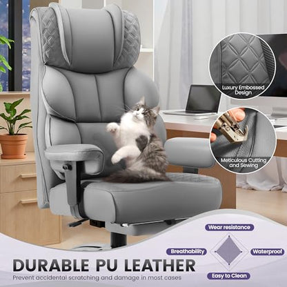BestGlory Office Desk Chair, Big and Tall Leather Gaming Chair with Footrest, Wide Ergonomic Comfy Executive High-Back Reclining Computer Chairs, Swivel Rolling Wheels and Padded Lumbar Support, Gray - color: Grey, style: 3 Position Reclining