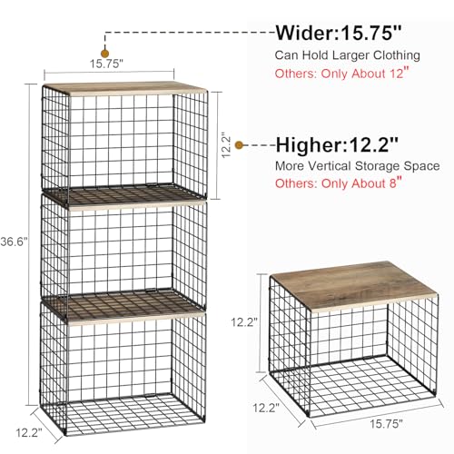Widened & Heightened Closet Organizers And Storage Shelves With Top Board, Set of 3 Stackable Closet Shelf Organizer Storage Bin Basket For Clothes Sweaters,Space-saving, Sturdy,Wider Higher Size