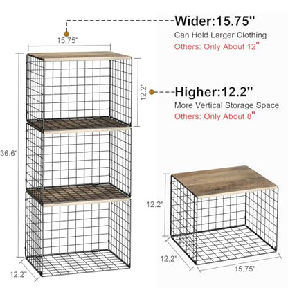 Widened & Heightened Closet Organizers And Storage Shelves With Top Board, Set of 3 Stackable Closet Shelf Organizer Storage Bin Basket For Clothes Sweaters,Space-saving, Sturdy,Wider Higher Size