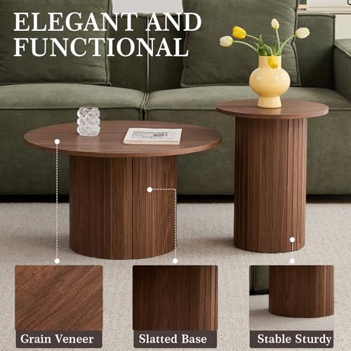 Round Nesting Coffee Table Set of 2 Mid Century Modern Wood Round Coffee Tables with Flexible Small Boho Circle Side Table for Space Saving Living Room Comedor Home Office Bedroom(Brown) - color: 2pcs Brown