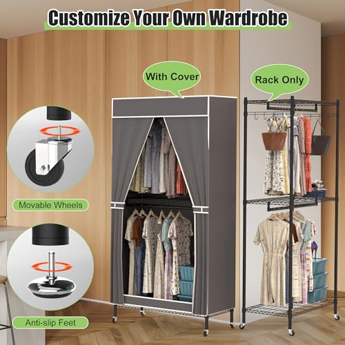 2 Tier Rolling Garment Racks with Cover, 35.43'' x 17.13'' x 72.44'' Portable Wardrobe Closet Covered Clothing Rack with Wheels Hooks for Bedroom Laundry Living Room - size: 35.43"D x 17.13"W x 72.44"H
