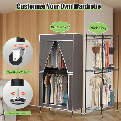 2 Tier Rolling Garment Racks with Cover, 35.43'' x 17.13'' x 72.44'' Portable Wardrobe Closet Covered Clothing Rack with Wheels Hooks for Bedroom Laundry Living Room - size: 35.43"D x 17.13"W x 72.44"H