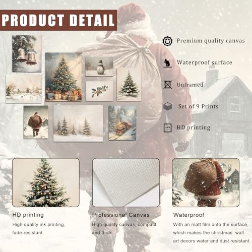 uniro Christmas Wall Art Prints, Vintage Christmas Decor, Farmhouse Winter Holiday Canvas Art Prints, Snowman Pine Tree Santa Claus Forest Landscape Xmas Poster Set, Rustic Christmas Picture Wall Decor for Bedroom, Living Room, Gallery, Winter Room Decor,