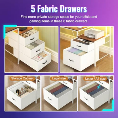 63" Computer Desk with Drawers, Storage Shelves and Printer Stand | Gaming Desk with Monitor Stand and LED Lights, Reversible Home Office Desk with Printer Shelf, Brown and White - color: Brown and White