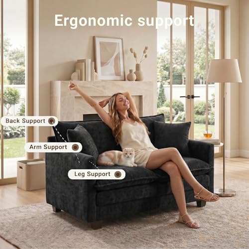 50" Love Seat, Small Cloud Sofa Couch with 2-Layer Cushion & 27" Deep Seat, 2 Pillows for Small Spaces, Bedroom, Apartment, Office, Living Room, in a Box, Black - color: Black, size: Loveseat
