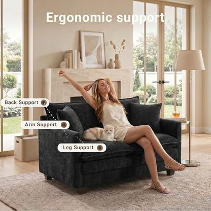 50" Love Seat, Small Cloud Sofa Couch with 2-Layer Cushion & 27" Deep Seat, 2 Pillows for Small Spaces, Bedroom, Apartment, Office, Living Room, in a Box, Black - color: Black, size: Loveseat