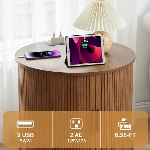 24" Round End Table with Charging Station, Fluted Side Table, Walnut | Farmhouse Sofa Side Tables Living Room, Mid-Century Wood Nightstand with Sliding Tambour Door & Storage, Round End Table - color: Walnut
