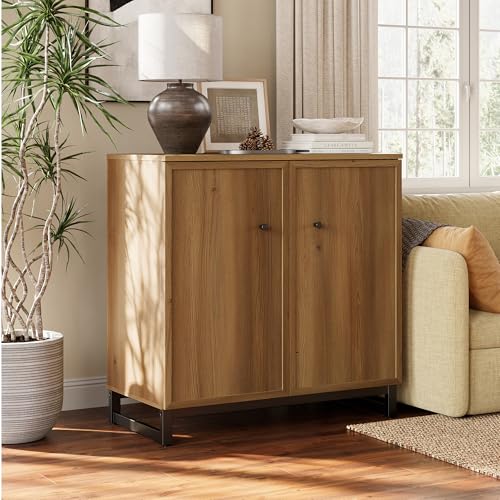 Rustic Storage Cabinet, Modern Farmhouse Set of 2 Buffet Accent Cabinet with 4-Door Design with Metal Frame Base for Dinnig Room Living Room Entryway,Brown Oak - color: Brown Oak