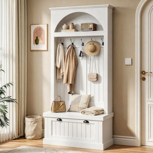 Hall Tree with Bench and Shoe Storage, Farmhouse Entryway Coat Rack with Arched Top Shelf, 5 Hooks, Flip-Down Shoe Cabinet, Beadboard Paneling, Anti-Tip Device, White, 32.7" x 15.8" x 76.8"