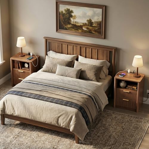 LYNCOHOME 19.7" Fluted Nightstands Set of 2 with Charging Station, 2 Drawer Bedside Table, Modern Night Stand with Curved Edge, Wooden End Table for Bedroom, Rounded Night Stand with Storage, Walnut - size: 15"D x 19.7"W x 24.2"H（2 Drawers）