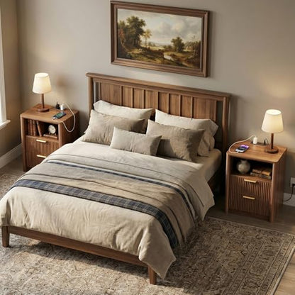 LYNCOHOME 19.7" Fluted Nightstands Set of 2 with Charging Station, 2 Drawer Bedside Table, Modern Night Stand with Curved Edge, Wooden End Table for Bedroom, Rounded Night Stand with Storage, Walnut - size: 15"D x 19.7"W x 24.2"H（2 Drawers）