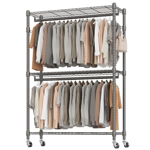 BATHWA Clothes Racks for Hanging Clothes, 25 mm tube Heavy Duty 47.3"W x 17.7"D x 80.7"H Large Wardrobe Rack with Shelves & Wheels Rolling Multifuctional for Bedroom Laundry Walk-in Closet Organizer - color: Grey, size: Upgraded & Large