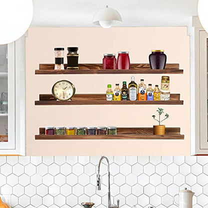 MBYD 48 Inch Picture Ledge Shelf Set of 3, Wall Mount Carbonized Burnt Black Floating Wall Shelves Photo Ledge Natutal Pine Wood for Bedroom, Living Room, Office, Kitchen, Bathroom Same Dimensions - color: Carbonized Black, size: Set of 3 48 in