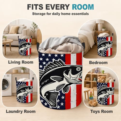 Patriotic Bass Fish Collapsible Laundry Hamper,American Flag Waterproof Oxford Cloth Clothes Basket with Handles for Bathroom Bedroom Nursery Dorm Room,16" x 20" - color: Patriotic Bass Fish,American Flag