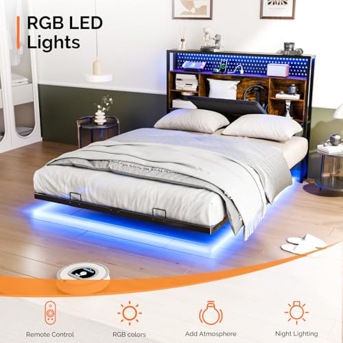 VINGLI Full Size Floating Bed Frame with Headboard, LED Lights & Charging Station, Cozy Velvet Upholstered Headboard, Hidden Storage, Heavy Duty Metal Frame, No Box Spring Needed, Easy Assembly, Black - color: Industrial Brown, size: Full