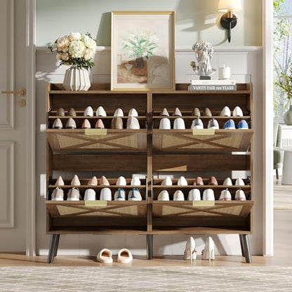 Maupvit Large Shoe Storage Cabinet with 4 Flip Drawers, Narrow Shoe Cabinet for Entryway with Wooden Legs, Freestanding Hidden Shoe Rack Organizer ＆ Metal Hinges, Rustic Oak Rattan - color: Rustic Oak Rattan, style: 4-Drawers