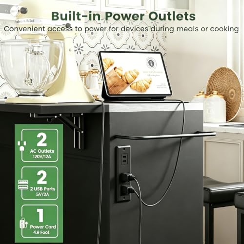 Dripex 41'' Kitchen Islands Foldable with Stainless Steel Top & Seating, Rolling Island Table for Kitchen with Drop Leaf, Bar Stool, Power Outlet, Adjustable Storage Shelves, Spice Rack, Black - color: Black