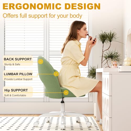 Misolant Vanity Chair with Back, Armless Cute Office Chair with Wheels for Girls, Teddy Fleece Fabric Small Desk Chairs with Adjustable Height, Lumbar Support Pillow, 360°Swivel for Makeup Room, Green - color: Green
