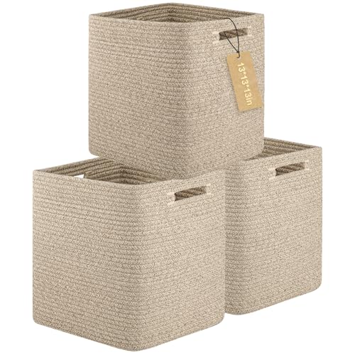 OIAHOMY 3 PACK Cube Storage Bin 13 Inch Collapsible Storage Cube Brown | Cube Storage Organizer Storage Bins for Shelves Baskets for Organizing Woven Rope Storage Baskets - color: Brown, size: 3Pcs-13*13*13inch