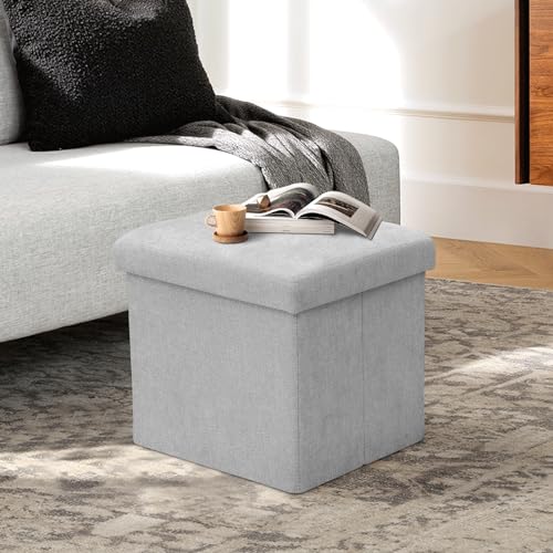 Athena Collection 15" Storage Ottoman Bench Folding Bench with 40L Hidden Storage, Small Cube Ottoman Linen Foot Rest Stool Chest with Flipping Lid for Living Room, Bedroom, Entryway, Light Gray