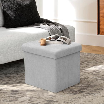 Athena Collection 15" Storage Ottoman Bench Folding Bench with 40L Hidden Storage, Small Cube Ottoman Linen Foot Rest Stool Chest with Flipping Lid for Living Room, Bedroom, Entryway, Light Gray