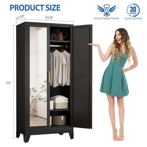 GAIOUS Metal Wardrobe Cabinet with Mirror and Hanging Rod, 71" Black | Clothing Storage Cabinets with 2 Doors and Adjustable Shelves, Armoire Wardrobe Closet for Bedroom, Laundry Room, Cloak Room - color: No Drawer Black- Mirror Style, size: 17.71"D x 31.