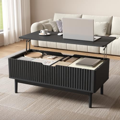 39” Fluted Lift Top Coffee Table with Storage, Black | Mid Century Modern Coffee Table for Living Room, Home Office - color: Black, size: 18.9"D x 39.4"W x 16.5"H